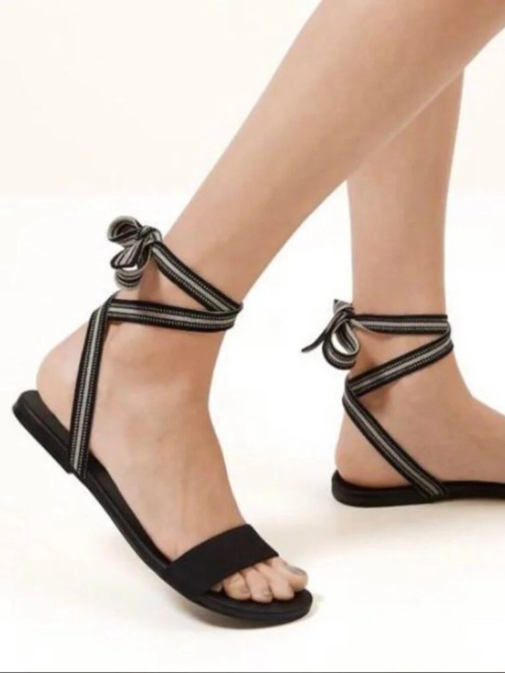 Rothy's The Wrap Sandal "Cosmos" 7.5 Black Slides Aqua Striped Ankle Straps